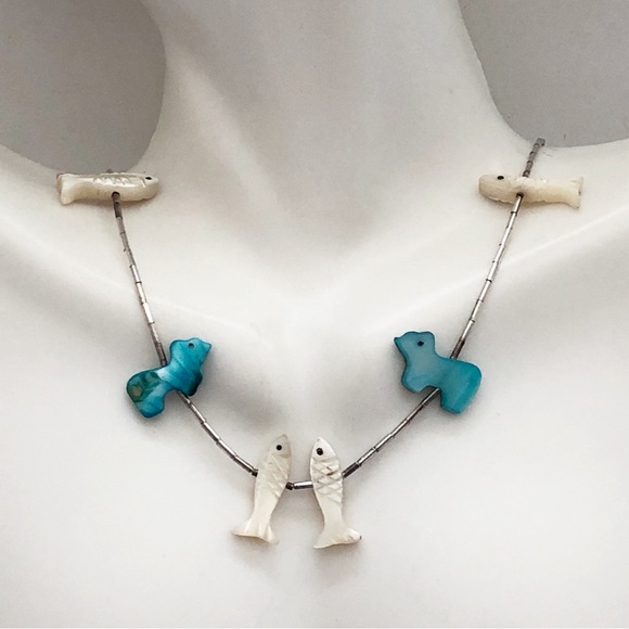 Southwestern Mother of Pearl Fish and Bear Fetish Sterling Silver Necklace - Picture 6 of 8